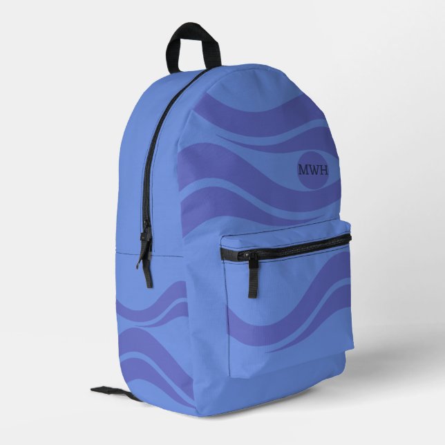 Sea Blue Ocean Waves Monogram Backpack (Back Corner Left)