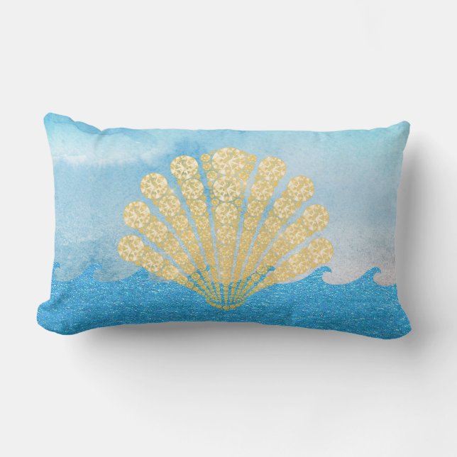 Sea Blue Sparkling Waves Gold Diamond Seashell Lumbar Pillow (Front)