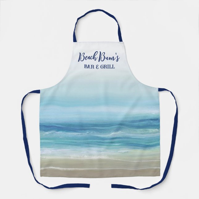 Sea Blue Watercolor Ocean Waves Coastal  Apron (Front)
