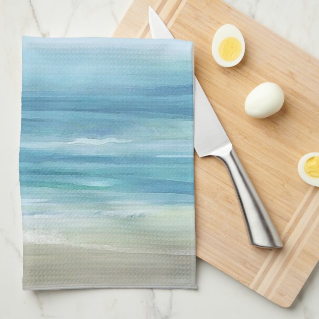 Sea Blue Watercolor Ocean Waves Coastal Beach  Kitchen Towel (Quarter Fold)
