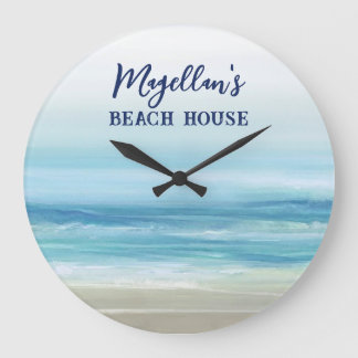Sea Blue Watercolor Ocean Waves Coastal Beach Large Clock