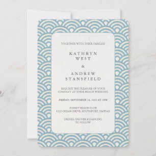 Sea Blue + White Deco Wave Pattern Wedding Invitation