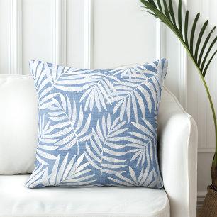 Sea Blue & White Palm Leaf Throw Pillow