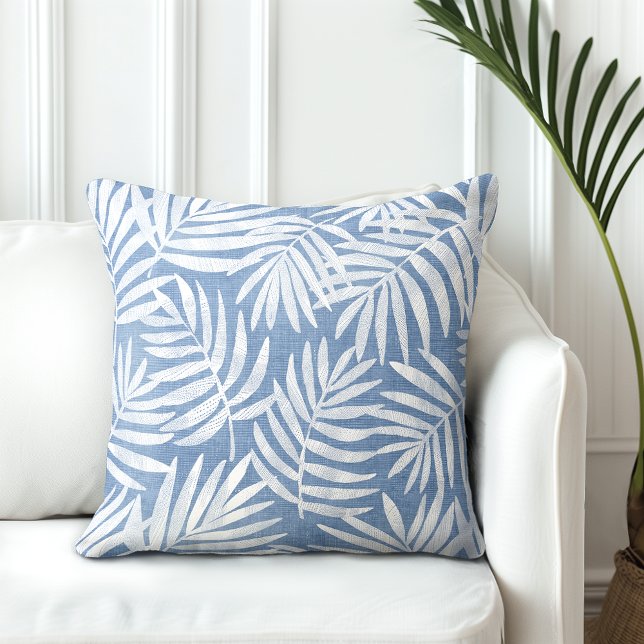 Sea Blue & White Palm Leaf Throw Pillow (Creator Uploaded)