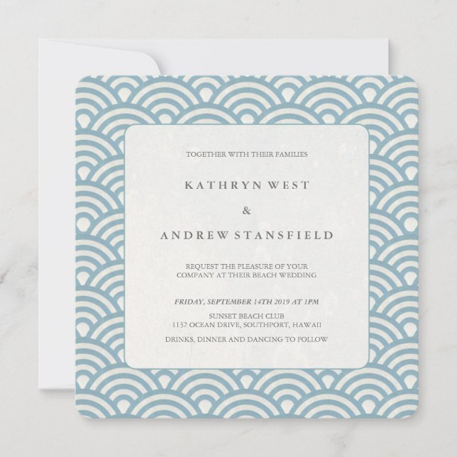 Sea Blue + White Pattern Beach Wedding Invitation (Front)