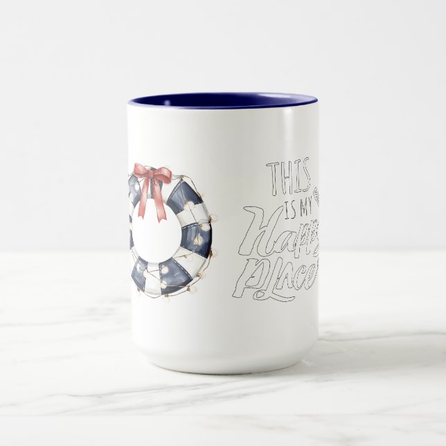Sea Blue White Red Bow Happy Place Floating Ring  Mug (Center)