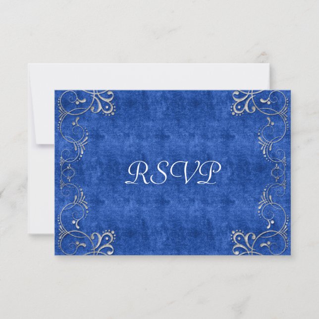 Sea Blue & White Velvet Deco Diamond Wedding RSVP Card (Front)