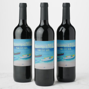 Sea Blue, Yellow Drifting Boats Wine Label