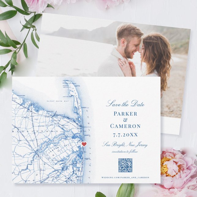 Sea Bright New Jersey Elegant Map QR Save The Date (These Sea Bright New Jersey save the dates have a QR code for your wedding website and your photo)