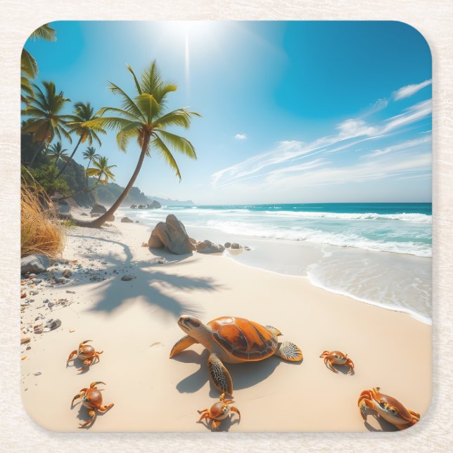 Sea  Crabs on Tropical Beach – Serene Ocea Square Paper Coaster (Front)