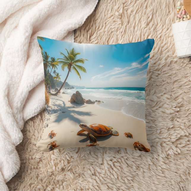 Sea  Crabs on Tropical Beach – Serene Ocea Throw Pillow (Blanket)