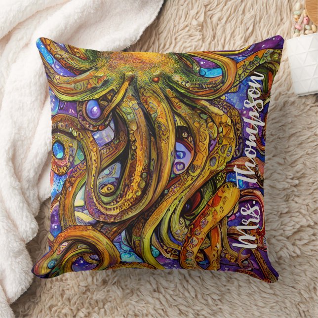 Sea Creature Octopus with Personalized Name Throw Pillow (Blanket)