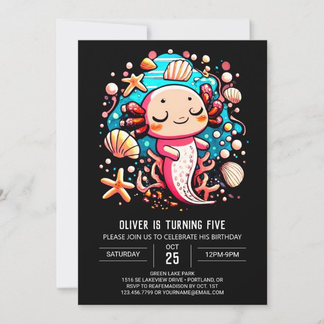 Sea Creatures Axolotl Elegant Birthday Invitation (Front)