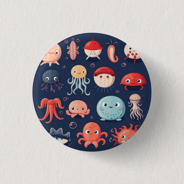 Sea creatures badge, pin, button, cute  1 inch round button (Front)