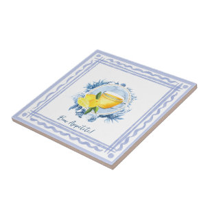 Sea creatures blue frame and lemon tea watercolor  tile