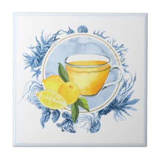 Sea creatures blue frame and lemon tea watercolor tile