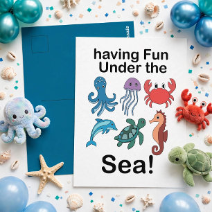Sea Creatures Having Fun Under The Sea Birthday  Postcard