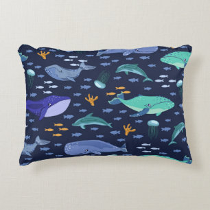 Sea creatures: whales, jellyfish pattern. accent pillow