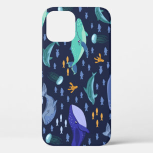 Sea creatures: whales, jellyfish pattern. iPhone 12 case