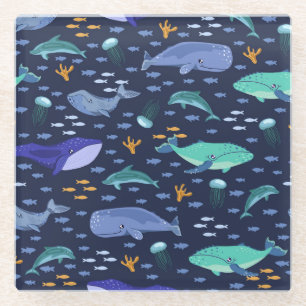 Sea creatures: whales, jellyfish pattern. glass coaster