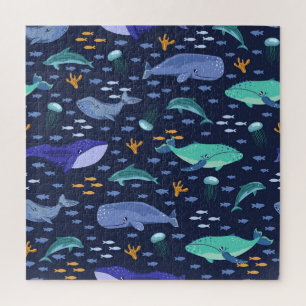 Sea creatures: whales, jellyfish pattern. jigsaw puzzle