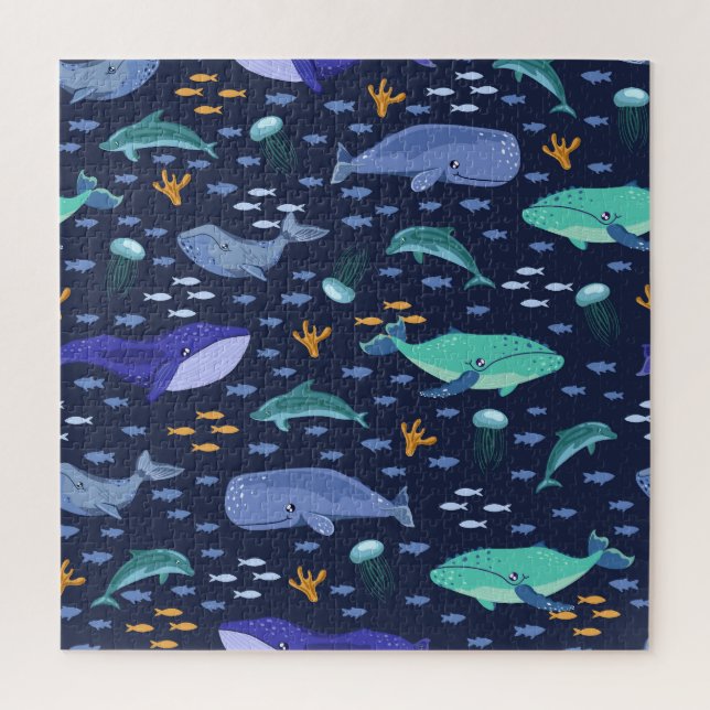 Sea creatures: whales, jellyfish pattern. jigsaw puzzle (Vertical)