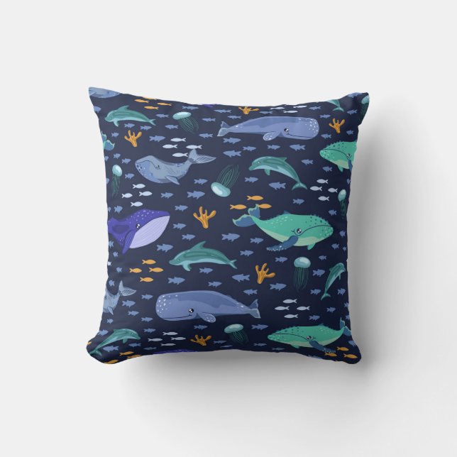 Sea creatures: whales, jellyfish pattern. throw pillow (Front)