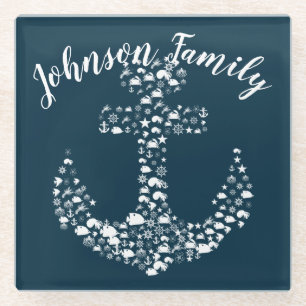 Sea Critters Anchor Nautical / Coastal Glass Coaster