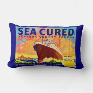 Sea-Cured brand lemons crate label print Lumbar Pillow