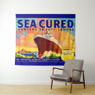 Sea-Cured brand lemons crate label print Tapestry
