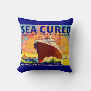 Sea-Cured brand lemons crate label print Throw Pillow
