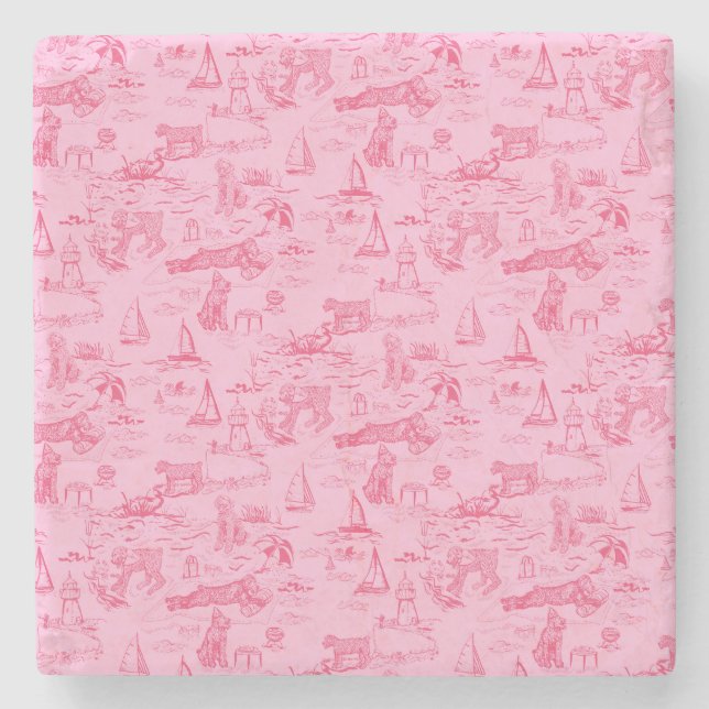 Sea Dog Toile Pink  Stone Coaster (Front)