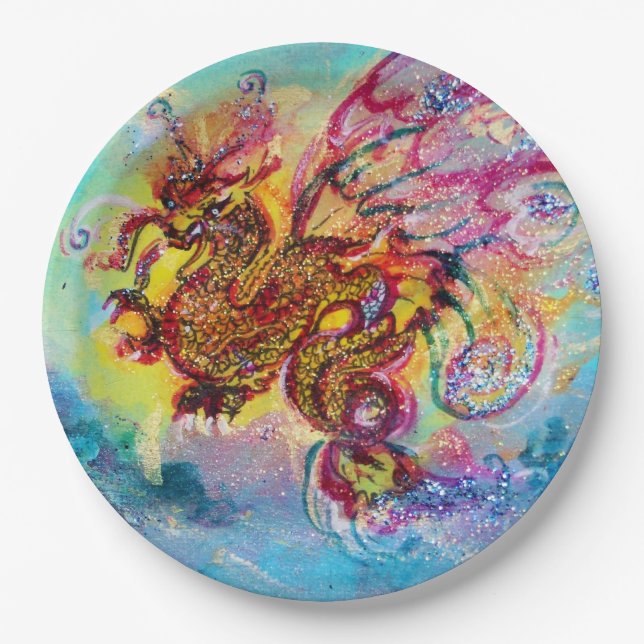 SEA DRAGON AMONG WAVES Fantasy Pink Blue Paper Plate (Front)