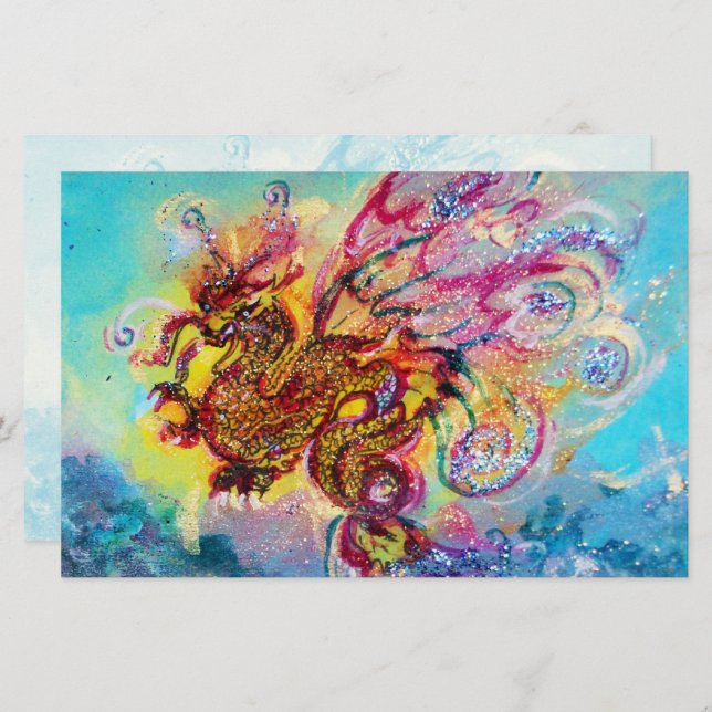 SEA DRAGON AMONG WAVES Fantasy Pink Blue Stationery (Front/Back)