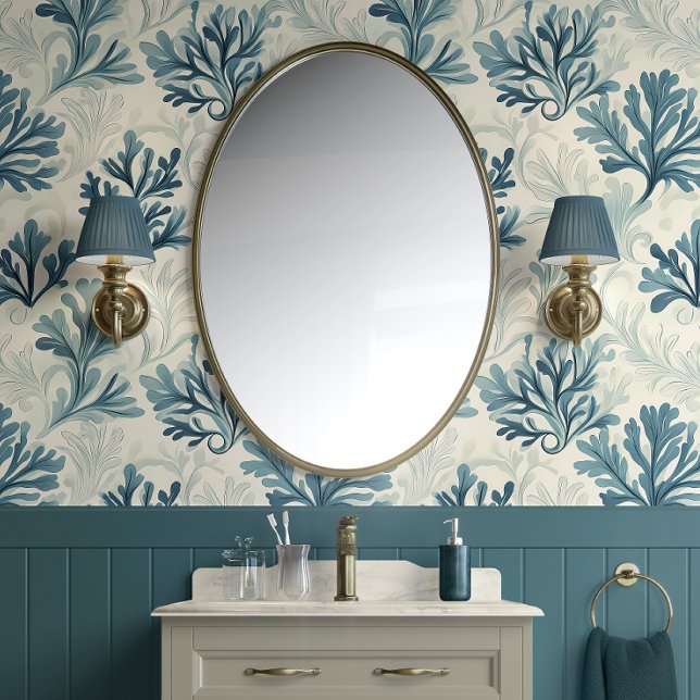 Sea Fern Whispers - Teal, White, Blue - Coastal Wallpaper (Ocean Breeze Foliage Peel and Stick Wallpaper)