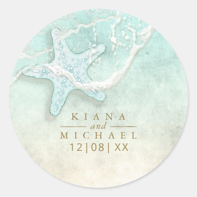 Sea Foam Beach Wedding Starfish ID837 Classic Round Sticker (Front)