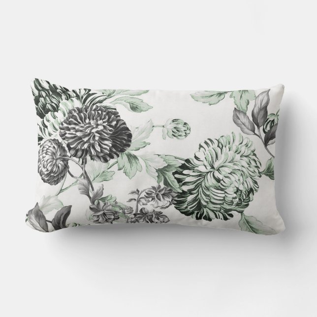 Sea Foam Green Black & White Botanical Toile Lumbar Pillow (Front)