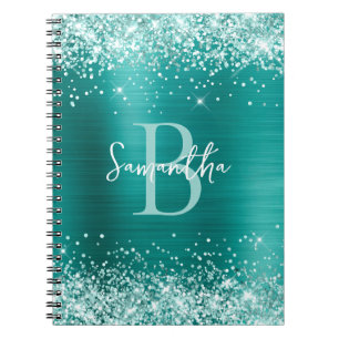Sea Foam Green Glitter Aqua Teal Foil Monogram Notebook