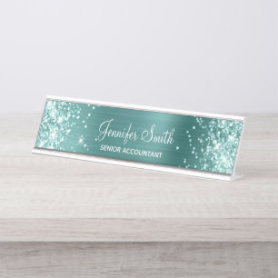 Sea Foam Green Glitter Faux Aqua Teal Foil Desk Name Plate