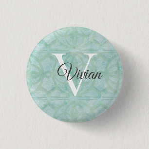Sea Foam Green Watercolor Monogram Name 1 Inch Round Button