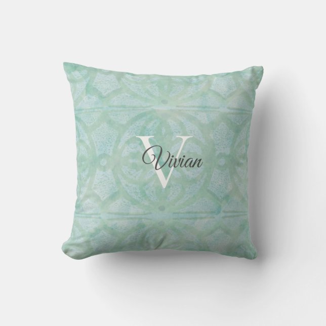 Sea Foam Green Watercolor Monogram Name Throw Pillow (Front)