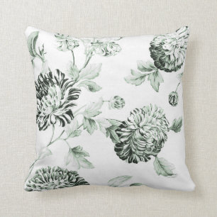 Sea Foam Green & White Botanical Floral Toile No.2 Throw Pillow