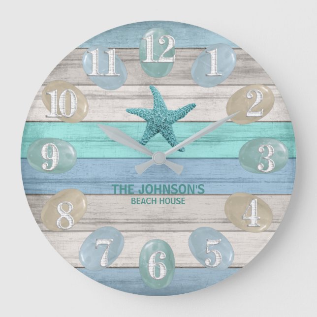 Sea Glass and Beach Wood Nautical - Blue Teal Large Clock (Front)