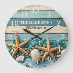 Sea Glass and Beach Wood Nautical - Blue Teal Large Clock