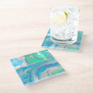 Sea Glass Blue and Green Marble Fluid Art    Glass Coaster