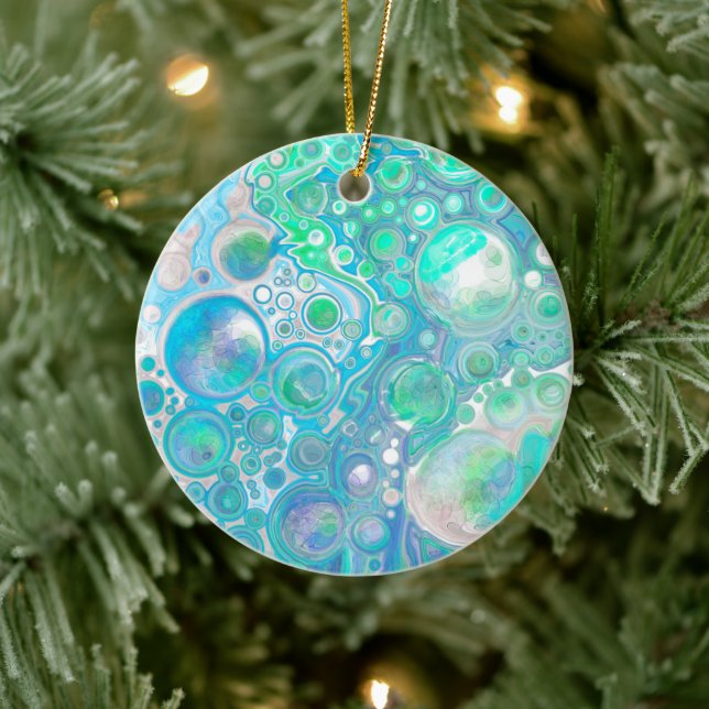 Sea Glass Blue and Green Pour Painting Effect Ceramic Ornament (Tree)