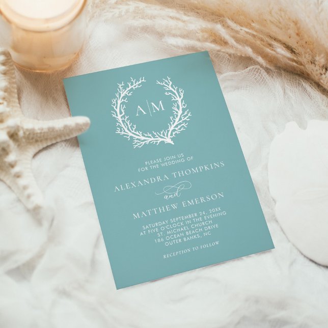 Sea Glass Blue Nautical Coral Reef Minimal Wedding Invitation (Creator Uploaded)