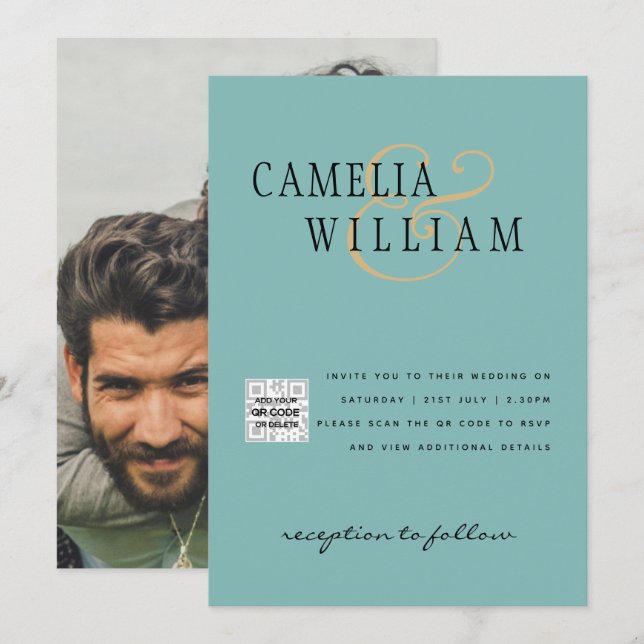 Sea Glass Photo Wedding Invite QR Code Save Date (Front/Back)