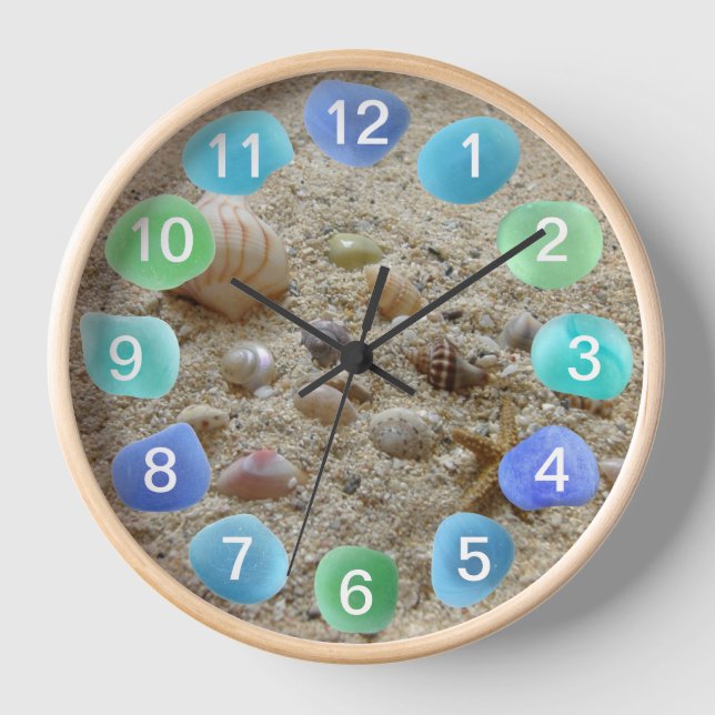 Sea Glass with Seashells on Beach Sand Clock (Front)