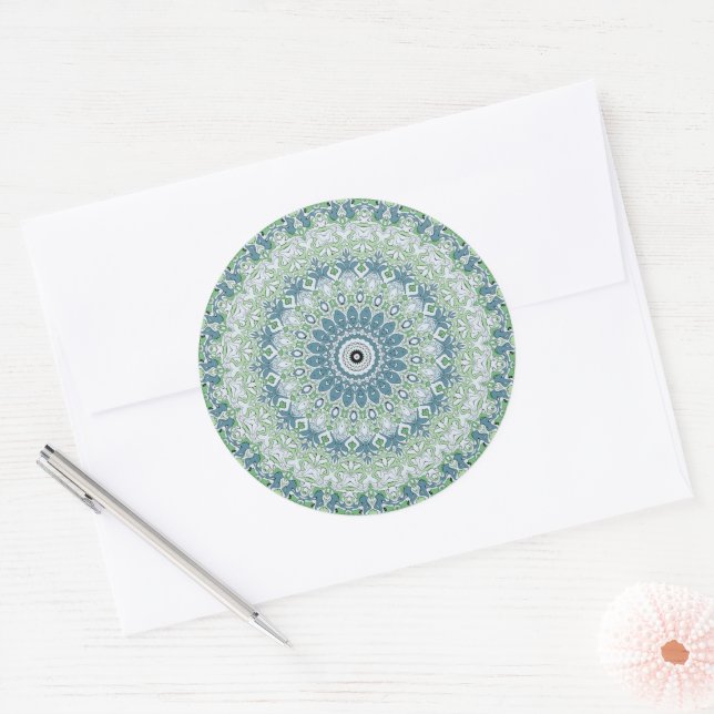 Sea Green and Blue Coastal Mandala Pattern Classic Round Sticker (Envelope)